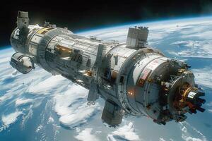 A large, cylindrical spaceship in Earth's orbit with a capsule attached. photo