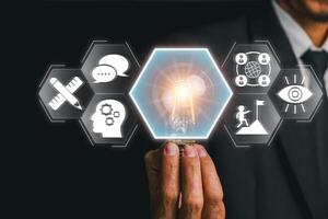 Digital icons symbolize corporate identity, innovation, and strategy in a business setting. photo