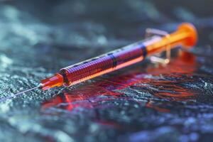 A Syringe Laying on a Shiny Blue and Red Surface photo