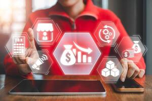 Digital interface showcasing cost reduction strategies with icons representing financial efficiency and savings. photo