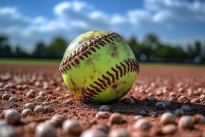A Weathered Softball Resting on a Baseball Field photo