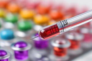 Close-up of a Syringe with Red Liquid Against a Colorful Blurred Background photo