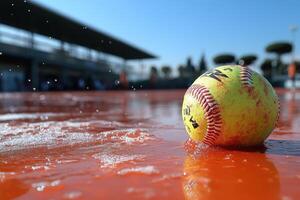 Close-up of a Softball Sitting in Water on a Red Field photo