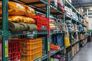 Close-up of a Storage Shelf in a Warehouse with Various Items photo