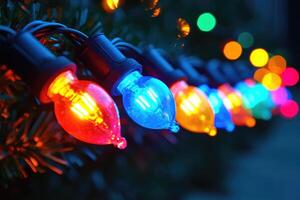 Close-up of Colorful Illuminated Light Bulbs on a String photo