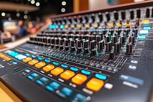 Close-up of a Sound Mixing Board with Knobs, Buttons, and Faders photo