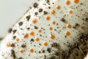 Close-up of a White and Orange Surface with Black Specks photo