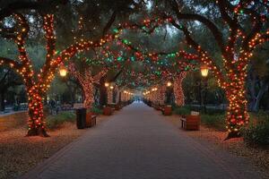 Festive Tree-lined Path with String Lights and Lanterns photo