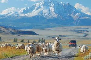 Flock of Sheep Walking Down a Dusty Road with a Snowy Mountain in the Background photo