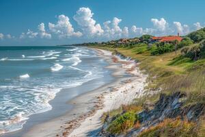 Coastal View of a Sandy Beach with Waves and Houses photo