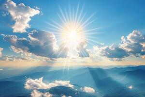 Sunbeams Shining Through Clouds Over Mountain Ranges photo