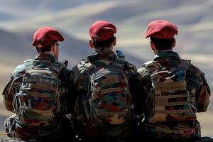 Three Soldiers in Red Berets and Camouflage Uniforms Sitting on a Rock photo