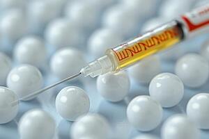 Syringe with yellow liquid and white spheres on blue surface photo