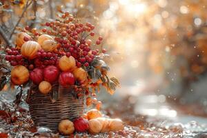 A beautiful autumn basket overflowing with various vibrant fruits photo
