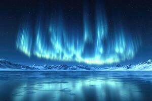 A beautiful aurora borealis illuminates a frozen arctic landscape scene photo