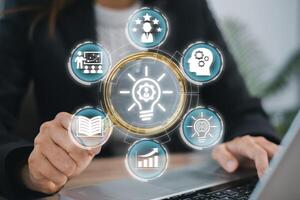 Business professional interacting with digital skill icons, symbolizing innovation and development in a modern workspace. photo