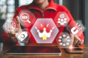 Visual representation of digital marketing strategy highlighting the importance of content with SEO and analytics icons. photo