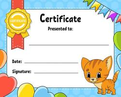 Certificate template for kids with cat vector