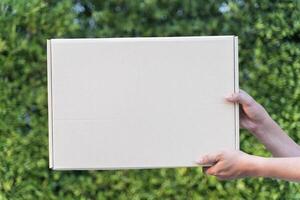 Hands holding cardboard box with more boxes on green leaves background photo