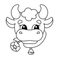A cartoon cow with horns and a flower in its mouth vector