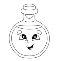 Cute smiling potion bottle with cheerful face and large eyes designed for coloring, perfect for children's activities vector