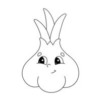 Cute cartoon garlic character with a smiling face and expressive eyes, designed for coloring activities for children vector