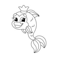Cute cartoon fish with a crown smiling joyfully, ready to be colored in a fun activity for children vector