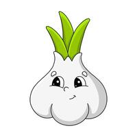 Cute cartoon garlic character with green sprouts displaying a cheerful expression and big eyes vector