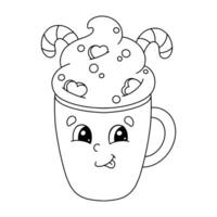 Cute cartoon coffee cup with whipped cream and candy canes suitable for coloring activities vector