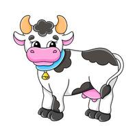 Cute cartoon cow with black and white spots standing happily on a farm enjoying the day vector