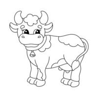 Cute cartoon cow character standing in a playful pose with a bell collar showcasing cheerful expression vector