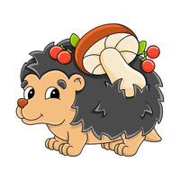 Cartoon hedgehog carrying mushrooms and cherries in a playful and colorful style vector