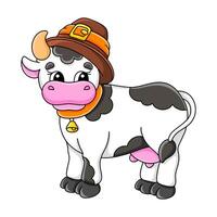Cute cartoon cow wearing a hat and collar stands proudly against a bright background with a playful expression vector