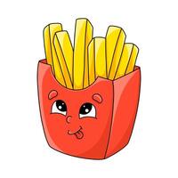 Cartoon illustration showcasing a cheerful container of golden fries with a smiling face against a white background vector