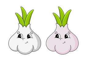 Cute cartoon garlic characters with smiling faces, showcasing friendly expressions and bright green sprouts vector