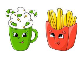 Colorful cartoon characters of a hot drink and fries with smiling faces on a white background vector
