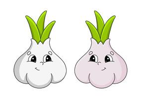 Cute cartoon garlic bulbs with smiling faces and green sprouts displayed on a white background vector