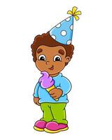 Young child enjoying ice cream while wearing a festive party hat and smiling in a cheerful setting vector