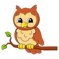 Cartoon owl perched on branch with bright eyes and cheerful expression, ideal for children's illustrations and educational content vector