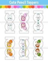 Pencil toppers for kids. With color cute characters. Cutting practice. Isolated on white background. illustration. vector