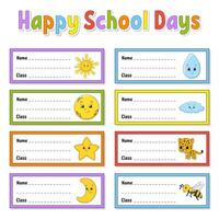 Happy school days labels with cartoon characters vector