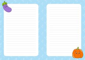 A list of vegetables and a note pad with a purple and green pumpkin vector
