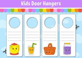 Kids door hangers with cartoon characters and fruits vector