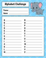 Alphabet challenge worksheet with an elephant vector