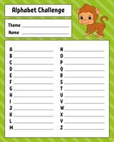 Alphabet challenge worksheet with monkey vector