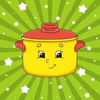 A cartoon pot with a smiley face on a green background vector