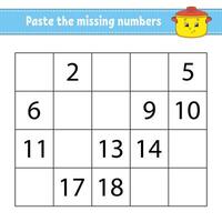Paste the missing numbers worksheet for preschoolers vector