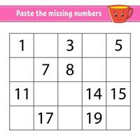 Paste the missing numbers puzzle for kids vector