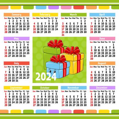 A calendar for the year 2021 with colorful gift boxes