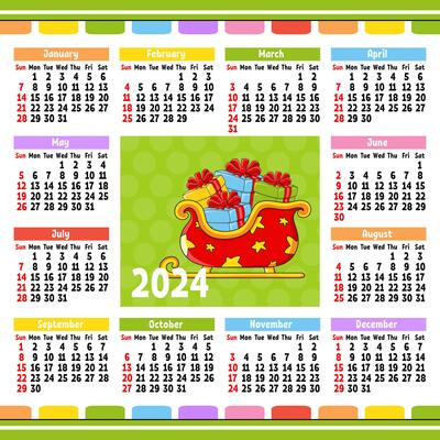 A colorful calendar for the year 2021 with a sleigh